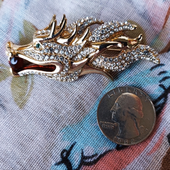 Asian DRAGON Rhinestone Encrusted Brooch Gold Wash Fierce Emerald Stone Eyes - Picture 3 of 12